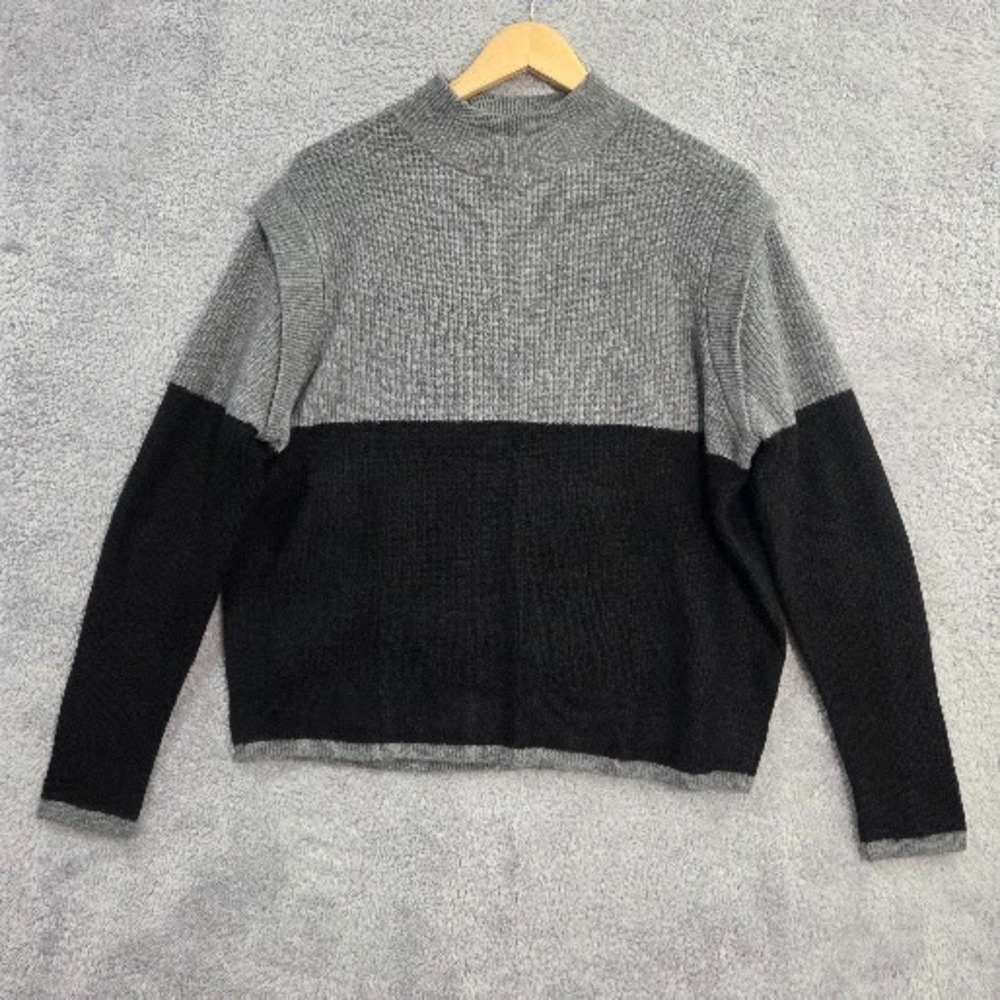 Halogen Mock Neck Colorblock Sweater Women XL Black Grey Layered Ribbed Knit NWT